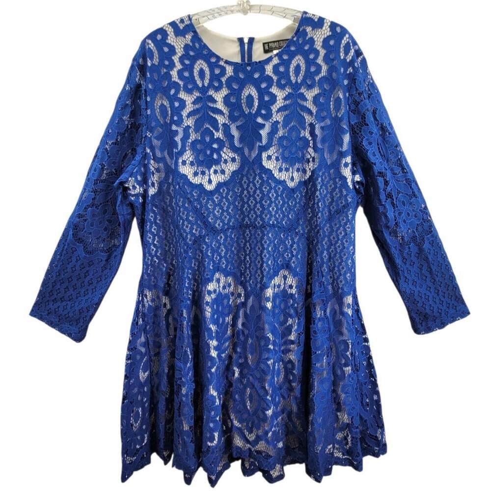 The Pyramid Collection Blue Lace Mini Dress Sheer Sleeves Romantic Fit Flare